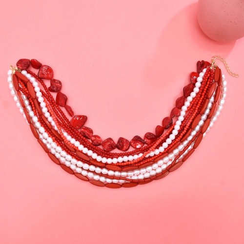 N-8446 Multi Layered Red Beaded Pearls Choke Necklace for Women