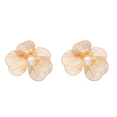 E-6778 Flower Women Clips Earrings Baroque Elegant Pearl Alloy Hollow Earrings