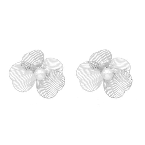 E-6778 Flower Women Clips Earrings Baroque Elegant Pearl Alloy Hollow Earrings