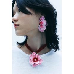 E-6780 N-8456 Pink Enamel Flower Women's Earring Necklace Set Exaggerated Flower Manifesto