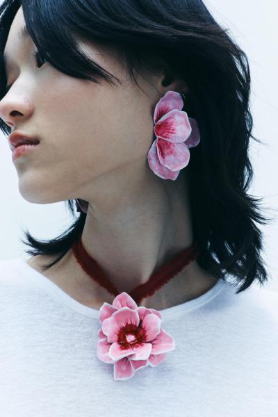 E-6780 N-8456 Pink Enamel Flower Women's Earring Necklace Set Exaggerated Flower Manifesto
