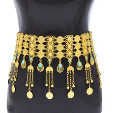 N-8458 3-Layer Gold Coin Long Chains Tassel Metal Waist Belly Chains Body Jewelry Accessories