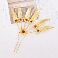 F-1251 Ethnic Alloy Leave Flower Pattern Red Clear Crystal Women Hair Accessories