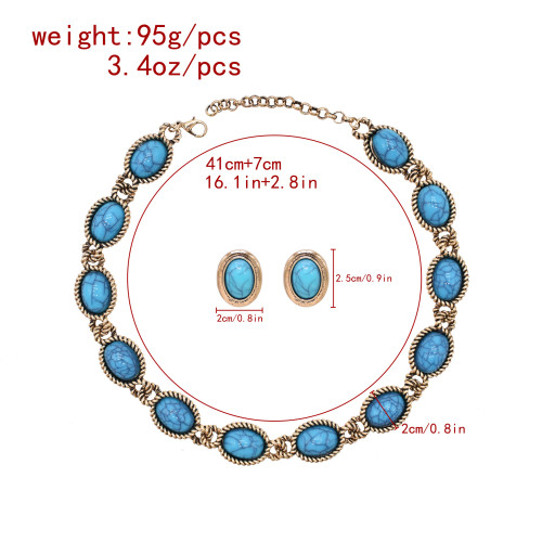 N-8468 Oval Blue Acrylic Gemstone Imitation Turquoise Necklace Earrings Set