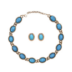 N-8468 Oval Blue Acrylic Gemstone Imitation Turquoise Necklace Earrings Set