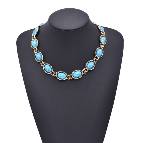 N-8468 Oval Blue Acrylic Gemstone Imitation Turquoise Necklace Earrings Set