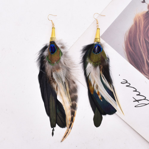 E-6329 Feather Dangle Earrings For Women Girls Bohemian Ethnic Vintage Long Fringe Earrings