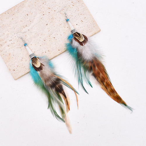 E-6329 Feather Dangle Earrings For Women Girls Bohemian Ethnic Vintage Long Fringe Earrings