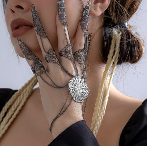 B-1347 Gold/Silver Ethnic Indian Alloy Skeleton Dance Fingertip Metal Hollow Long Chain Pull Finger Bracelet