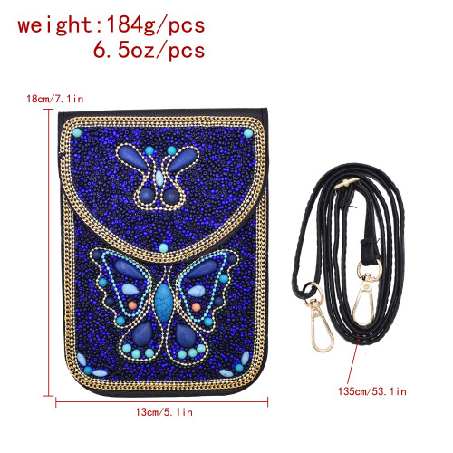 N-8482 Blue Rice Bead Butterfly Pattern Leather Bag