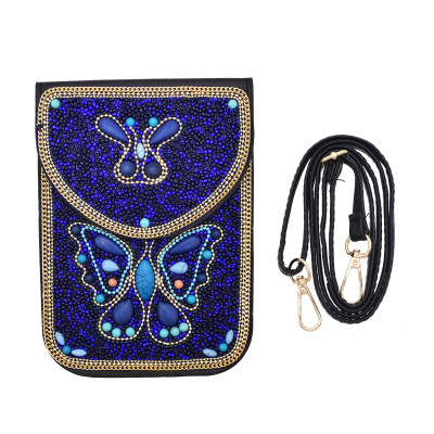 N-8482 Blue Rice Bead Butterfly Pattern Leather Bag