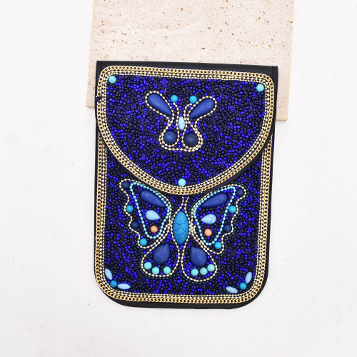 N-8482 Blue Rice Bead Butterfly Pattern Leather Bag