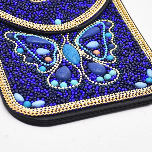 N-8482 Blue Rice Bead Butterfly Pattern Leather Bag