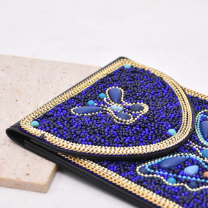 N-8482 Blue Rice Bead Butterfly Pattern Leather Bag