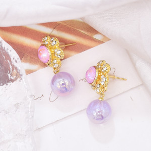 E-6787 Purple Crystal Flower Spherical Pendant Earrings for Women
