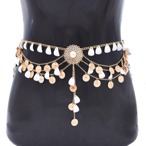 N-8486 New European and American sexy body accessories body chain coin flower water droplet multi-layer tassel waist chain for women