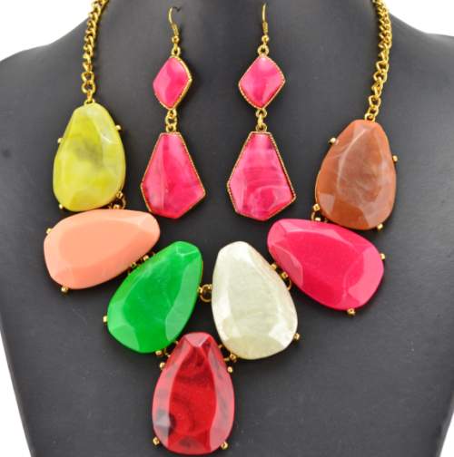 New European style gold plated  Alloy colorful resin geometry necklace earrings set N-3066