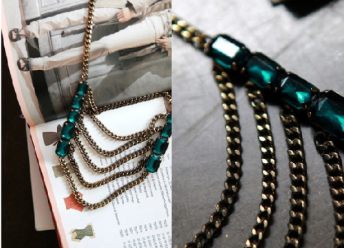 N-3767 fashion vintage green gem bronze multilayer chain collar necklace for women