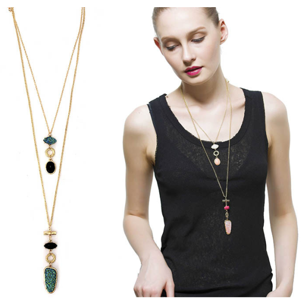 N-5716 New European Fashion Popular Multilayer Gold Plated Nature Stone Pendant  Long Chain Necklace
