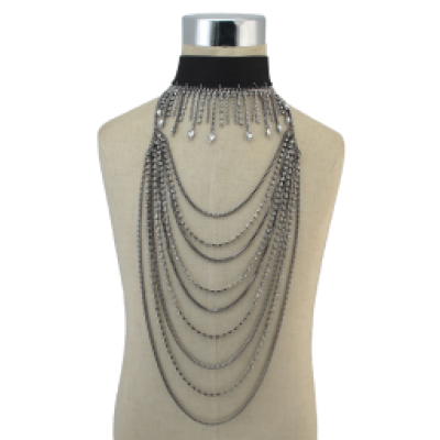 N-6843 Bohemian Fashion Gold Gun Black Jewelry Set Necklace And Choker Rhinestone Long Necklaces For Women Girls
