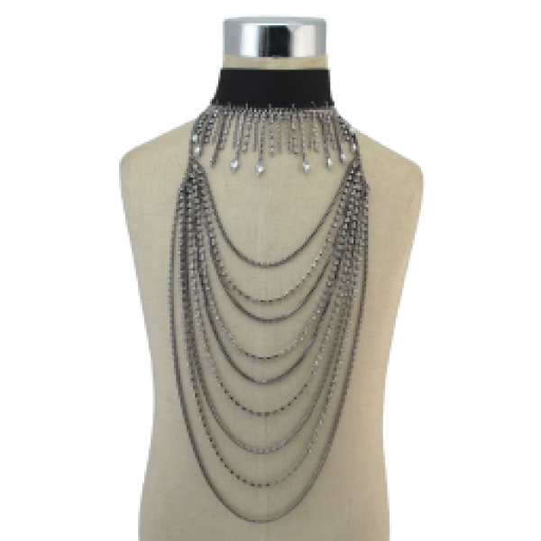 N-6843 Bohemian Fashion Gold Gun Black Jewelry Set Necklace And Choker Rhinestone Long Necklaces For Women Girls