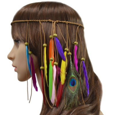 F-0416 New Fashion Handmade Ethnic Tribal Gypsy Rope Wood Beads Colorful Feather Hairband Hair Clip Women Jewelry