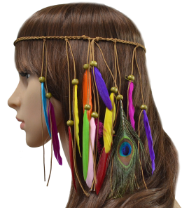 F-0416 New Fashion Handmade Ethnic Tribal Gypsy Rope Wood Beads Colorful Feather Hairband Hair Clip Women Jewelry