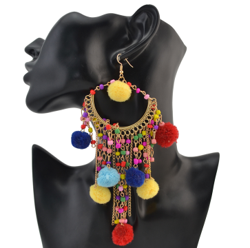 E-4167 Bohemian Round Tassel Beads Pendant Hook Earring for Women Jewelry