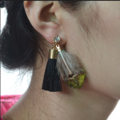 E-4206 Fashion Black Feather Long Tassel Charm Drop Stud Earring for Women Jewelry