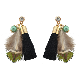 E-4206 Fashion Black Feather Long Tassel Charm Drop Stud Earring for Women Jewelry