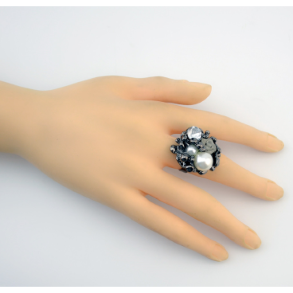 R-0511 Pearl Rhinestone Gunblack Retro Rings for Vintage Women Bohemian Party Jewelry
