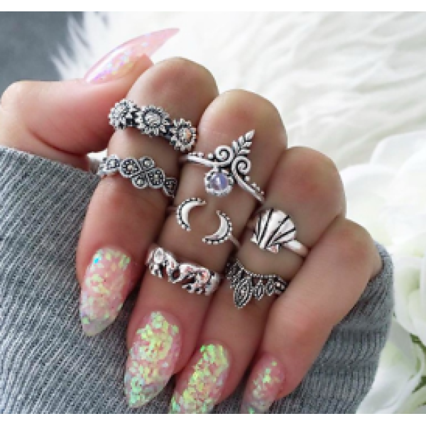R-1470 7 Pcs/set Fashion Vintage Silver Goold Plated Shell Shape Knuckle Nail Turquoise Midi Ring Set Jewelry for Women