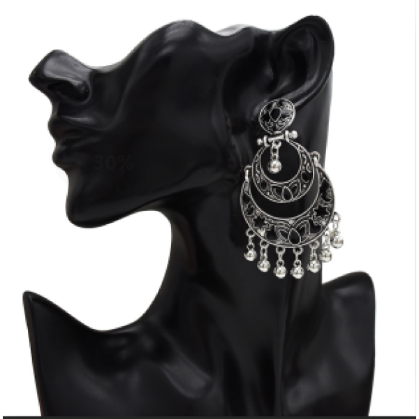 E-5263 Indian Style Double Crescent Shaped Bell Tassel Retro Earrings