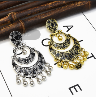 E-5263 Indian Style Double Crescent Shaped Bell Tassel Retro Earrings