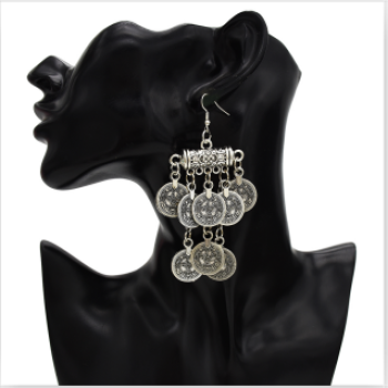 E-5350 Ethnic Vintage Style Silver Zamak Gypsy Indian Coin Long Tassel Statement Earrings Female Bohemian Jewelry