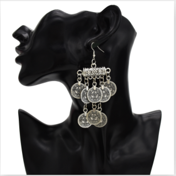 E-5350 Ethnic Vintage Style Silver Zamak Gypsy Indian Coin Long Tassel Statement Earrings Female Bohemian Jewelry