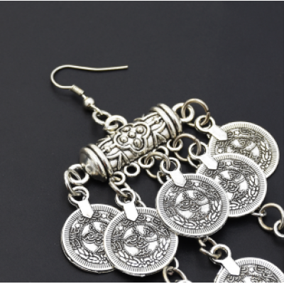 E-5350 Ethnic Vintage Style Silver Zamak Gypsy Indian Coin Long Tassel Statement Earrings Female Bohemian Jewelry
