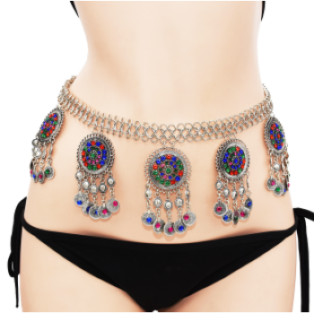 N-7247  Bohemian Boho Vintage Silver Plated Inlay Acrylic Coin Tassel  Waist Belly Body Chain Women Jewelry