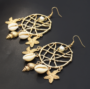 E-5377  2 Style Trendy Big Gold Metal Natural Sea Shell Starfish Pendant Drop Earrings for Women Beach Party Jewelry