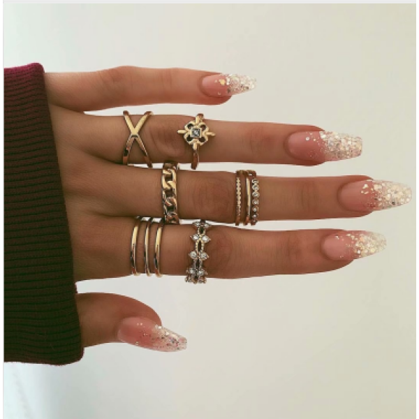 R-1507 8 Pcs/set Rings Set Vintage Rhinestone Midi Finger Ring Sets for Women Gypsy Dancer Boho Party Jewelry