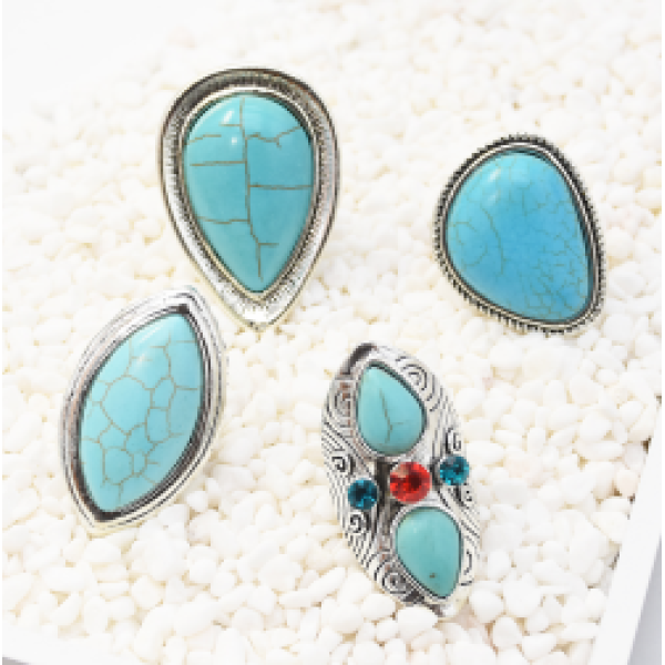 R-1511 4 Style Vintage Bohemian Silver Plated Turquoise Ring Adjustable Ring