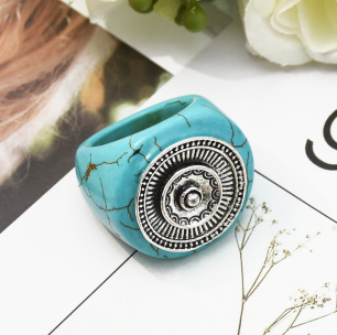 R-1512 2 Style Exaggeration Vintage Bohemian Silver Plated Turquoise Adjustable Ring