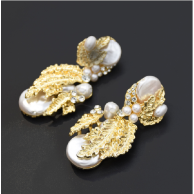 E-5522 2019 Newest Gold Leaf Drop Earrings for Women Bridal Tear Drop Hanging Earrings Pearls Jewelry