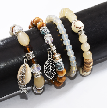 B-1007 4Pcs/Set Handmade Acrylic Beaded Bracelet with Shell Leaf Pendant Women Bohemian Party Jewelry