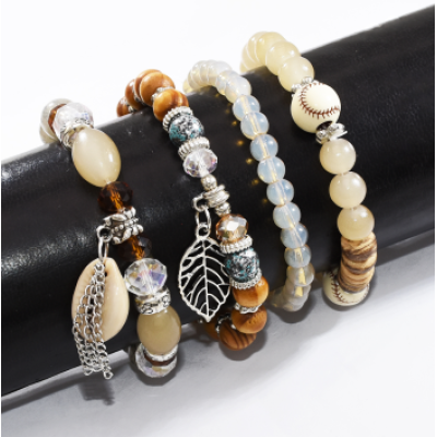 B-1007 4Pcs/Set Handmade Acrylic Beaded Bracelet with Shell Leaf Pendant Women Bohemian Party Jewelry
