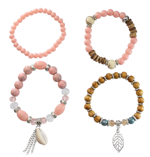 B-1007 4Pcs/Set Handmade Acrylic Beaded Bracelet with Shell Leaf Pendant Women Bohemian Party Jewelry