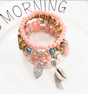 B-1007 4Pcs/Set Handmade Acrylic Beaded Bracelet with Shell Leaf Pendant Women Bohemian Party Jewelry