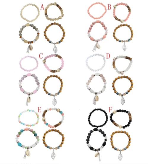 B-1007 4Pcs/Set Handmade Acrylic Beaded Bracelet with Shell Leaf Pendant Women Bohemian Party Jewelry
