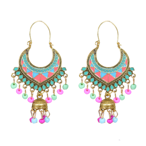 E-5712 Gold bell multicolor beads retro tassel earrings female ethnic style tassel hollow earrings gypsy jewelry.