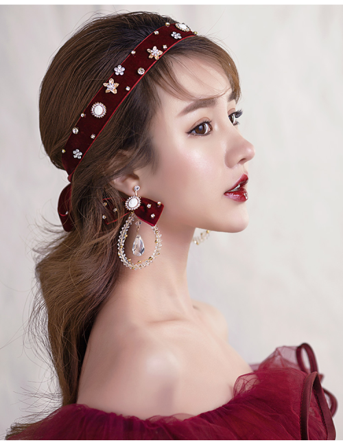 F-0806  Red Bow Headbands Earrings Set for Bride Wedding Party Rhinestone Crystal Drop Earrings Hair Accessories Jewelry Set